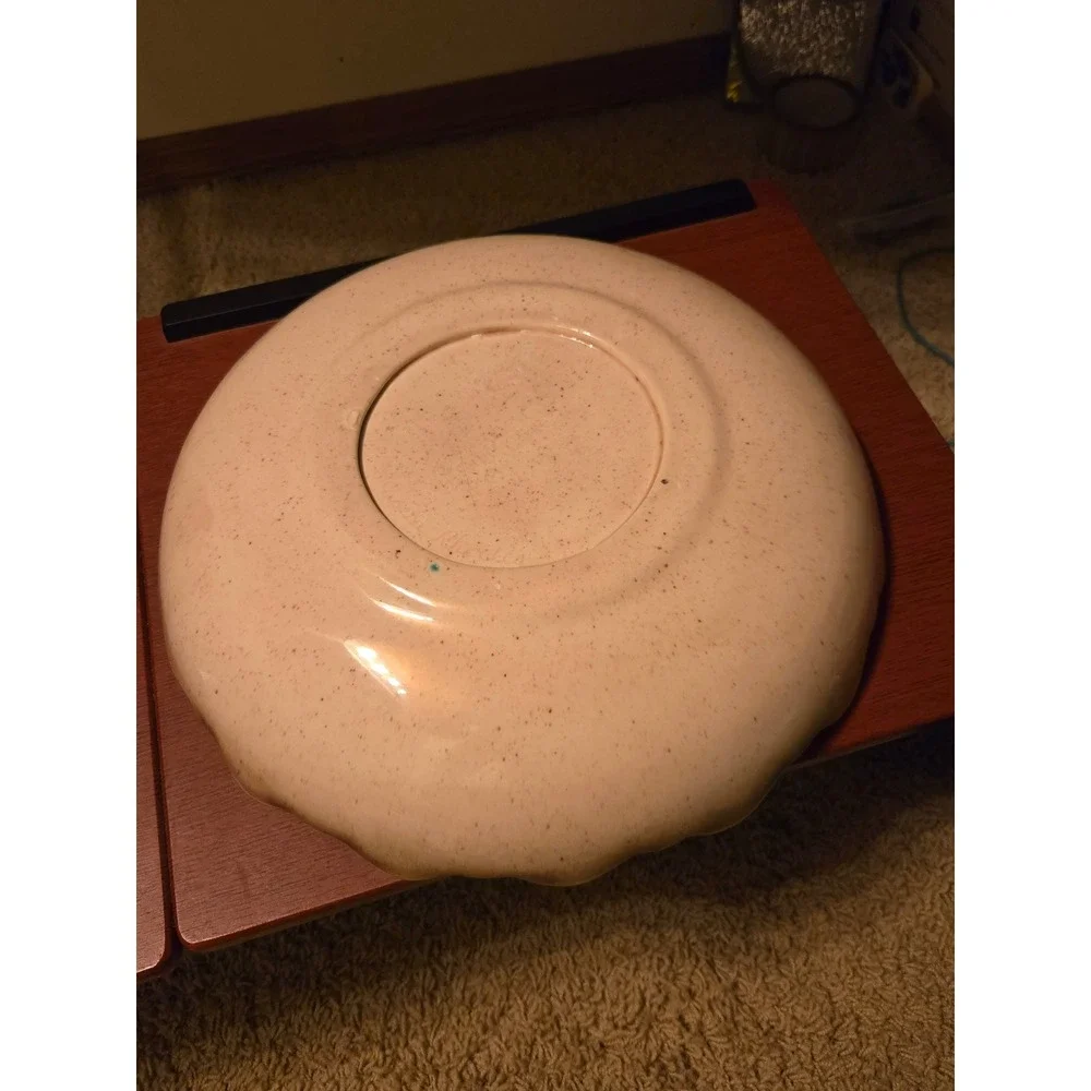 Vintage Ceramic Scalloped Pedestal‎ Bowl Speckled Cream Brown Ruffled Edge Decor